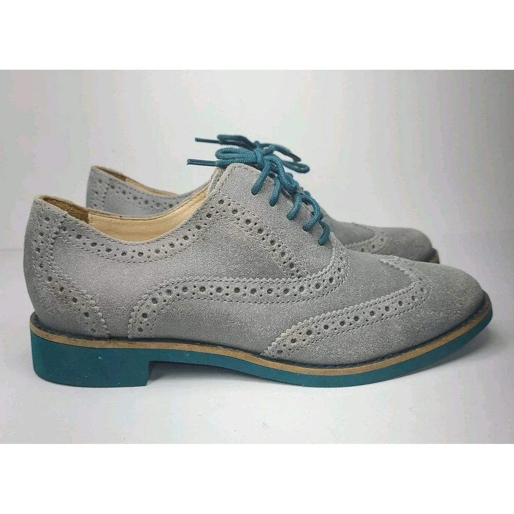 Cole Haan Wingtip Oxford Shoes Women 5B Gray Suede Teal Sole Brogue EUC